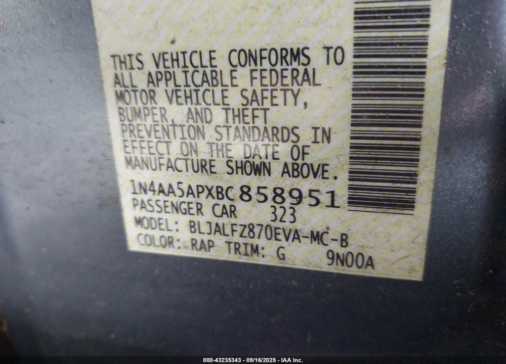 2011 NISSAN MAXIMA VIN: 1N4AA5APXBC858951