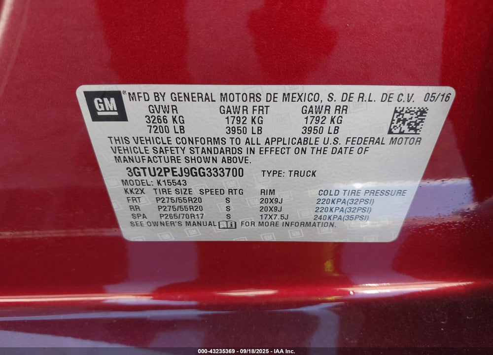 2016 GMC SIERRA 1500 VIN: 3GTU2PEJ9GG333700