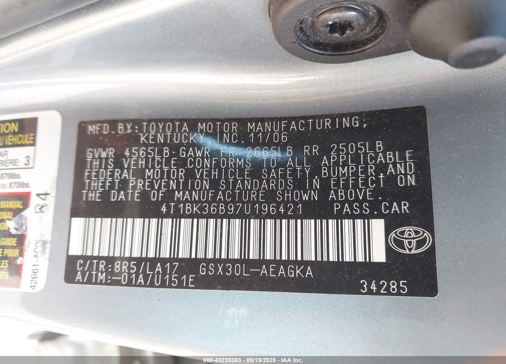 2007 TOYOTA AVALON XLS VIN: 4T1BK36B97U196421