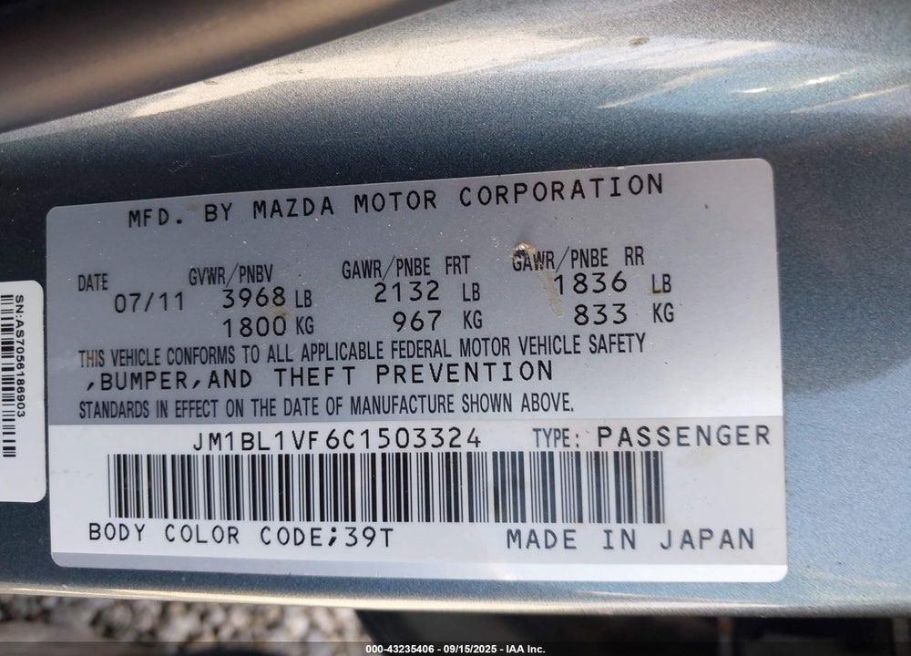 2012 MAZDA 3 VIN: JM1BL1VF6C1503324