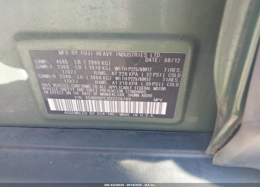 2013 SUBARU OUTBACK VIN: 4S4BRBPCXD3228789