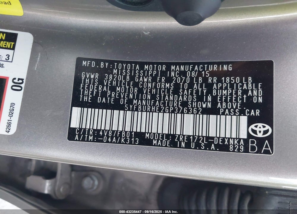 2016 TOYOTA COROLLA LE PLUS VIN: 5YFBURHE2GP376362