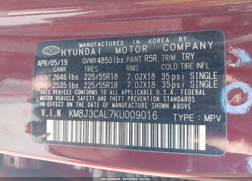 2019 HYUNDAI TUCSON SEL VIN: KM8J3CAL7KU009016