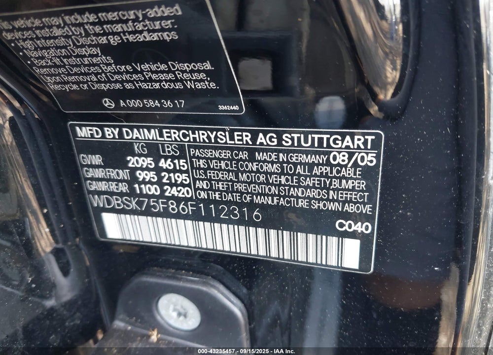 2006 MERCEDES-BENZ SL 500 VIN: WDBSK75F86F112316