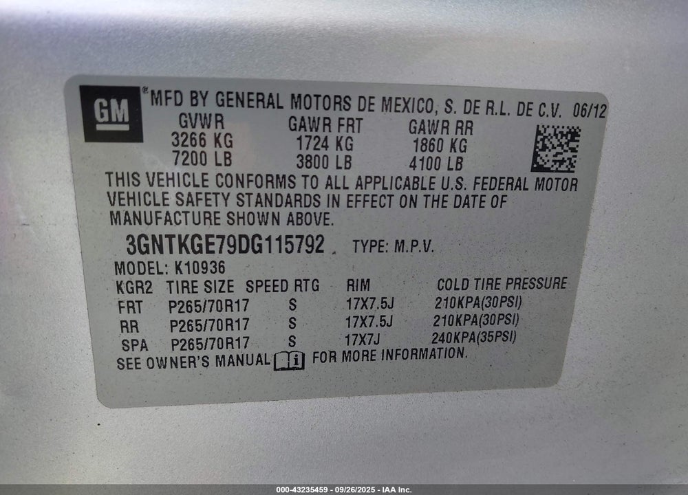 2013 CHEVROLET AVALANCHE VIN: 3GNTKGE79DG115792