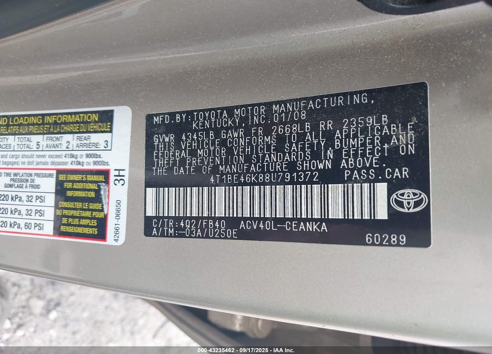 2008 TOYOTA CAMRY LE VIN: 4T1BE46K88U791372