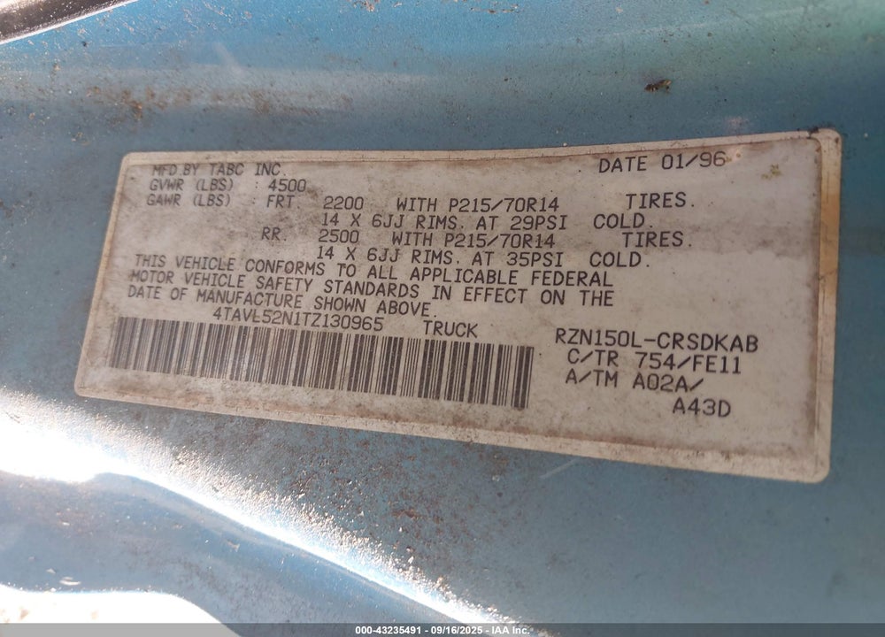1996 TOYOTA TACOMA XTRACAB VIN: 4TAVL52N1TZ130965