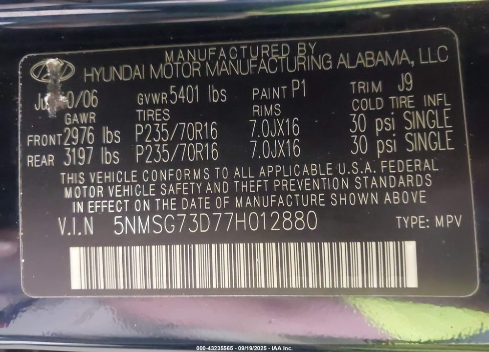 2007 HYUNDAI SANTA FE GLS VIN: 5NMSG73D77H012880