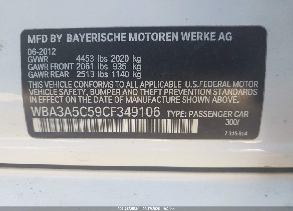 2012 BMW 3 SERIES VIN: WBA3A5C59CF349106