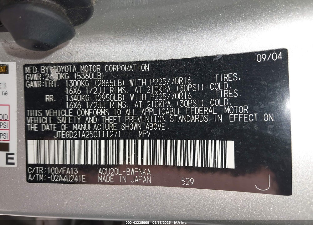 2005 TOYOTA HIGHLANDER VIN: JTEGD21A250111271