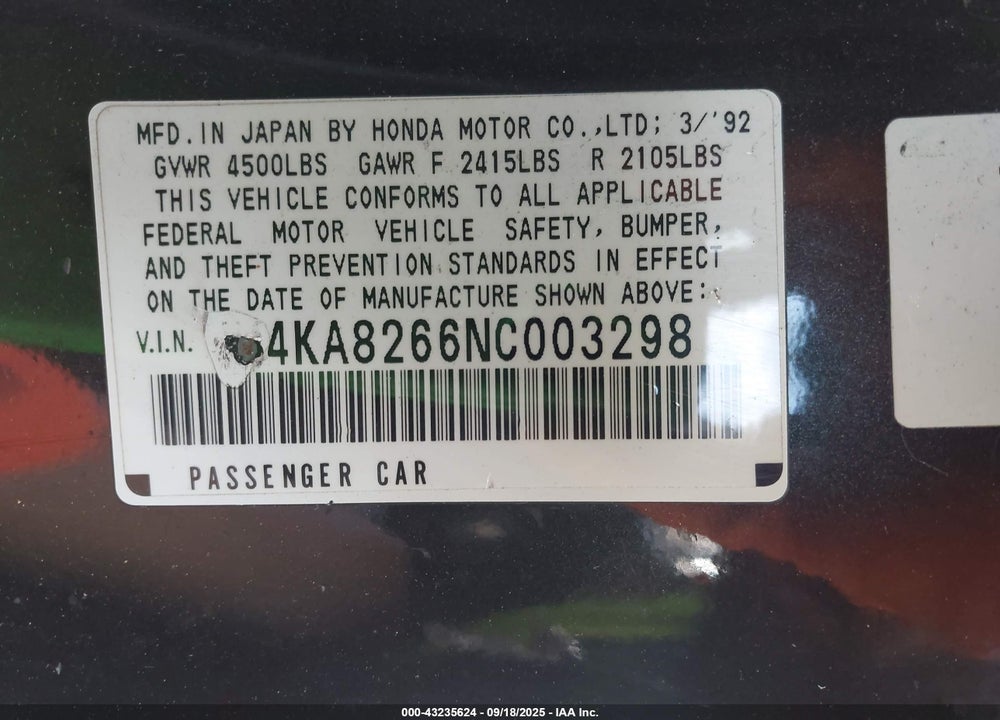 1992 ACURA LEGEND L VIN: JH4KA8266NC003298