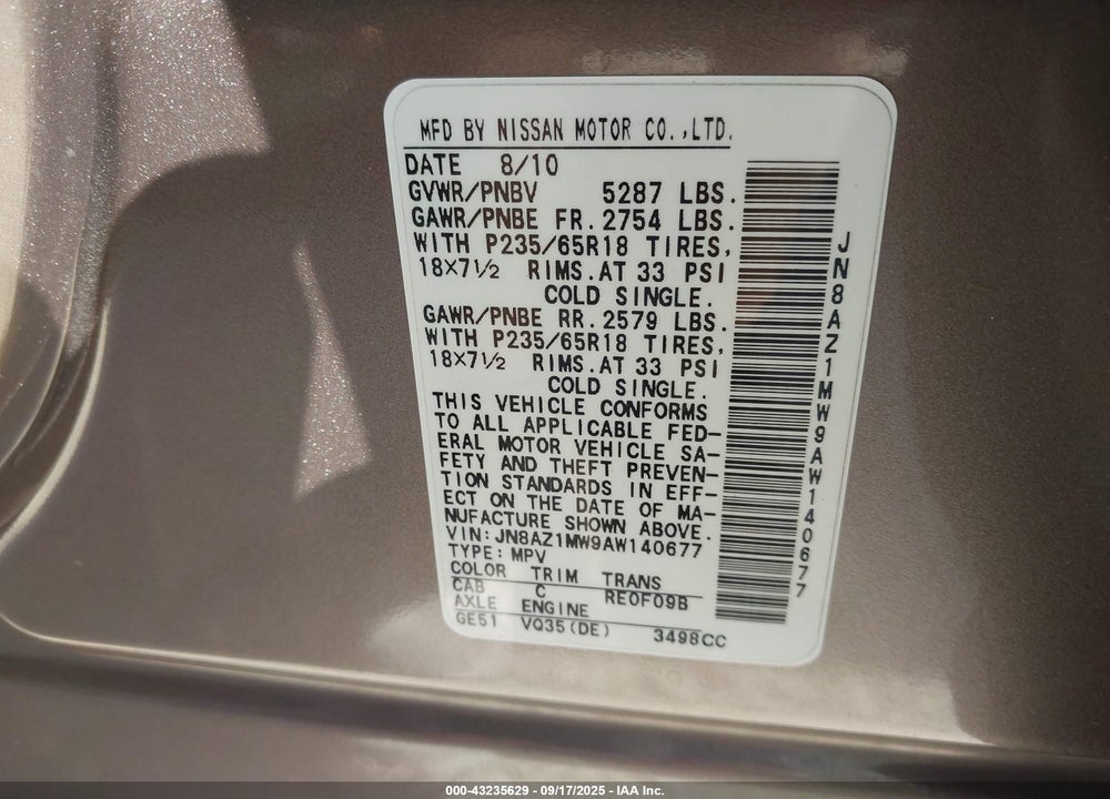 2010 NISSAN MURANO VIN: JN8AZ1MW9AW140677
