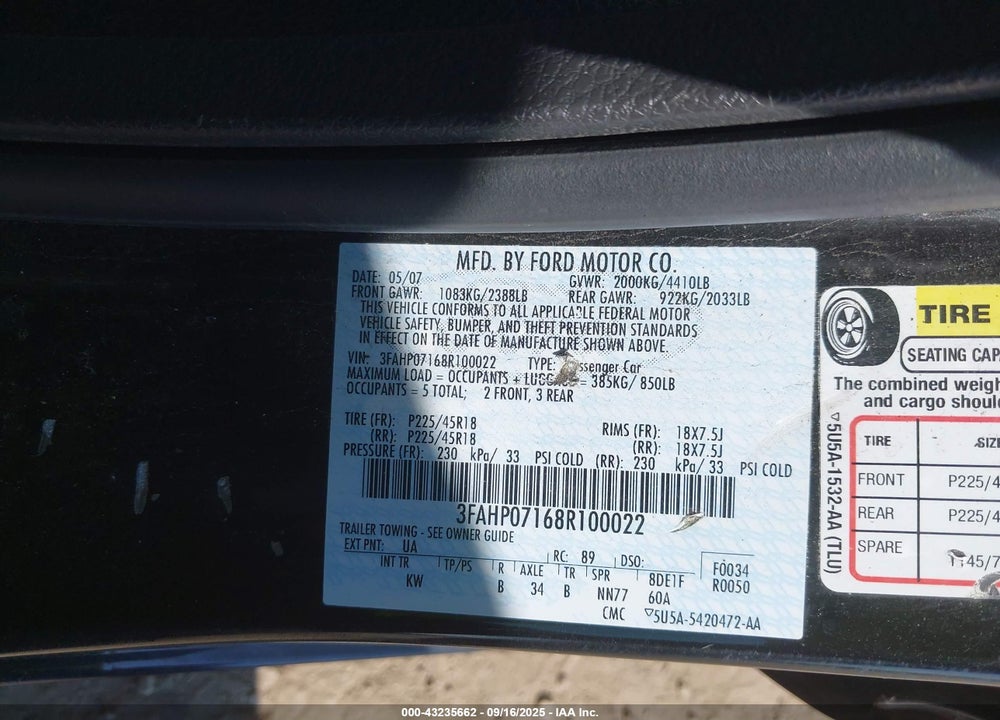 2008 FORD FUSION VIN: 3FAHP07168R100022