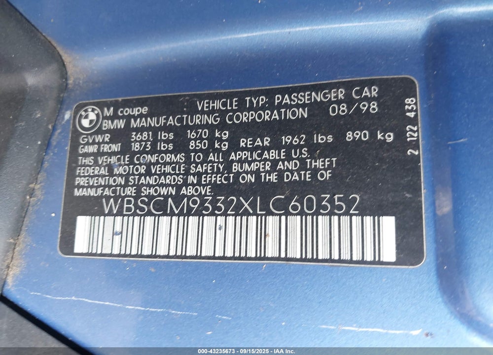 1999 BMW M VIN: WBSCM9332XLC60352