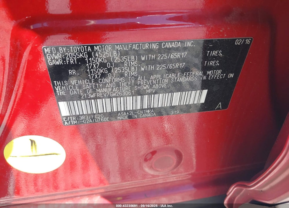 2016 TOYOTA RAV4 VIN: 2T3WFREV7GW263061