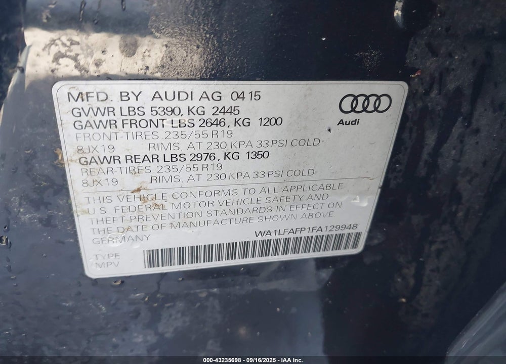 2015 AUDI Q5 VIN: WA1LFAFP1FA129948
