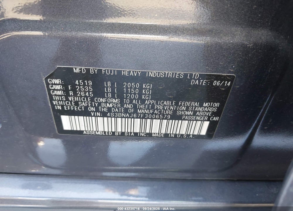 2015 SUBARU LEGACY 2.5I LIMITED VIN: 4S3BNAJ67F3006579