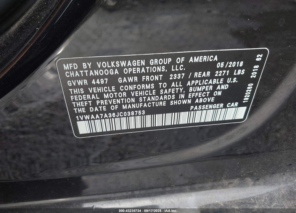 2018 VOLKSWAGEN PASSAT 2.0T R-LINE/2.0T S VIN: 1VWAA7A36JC038753