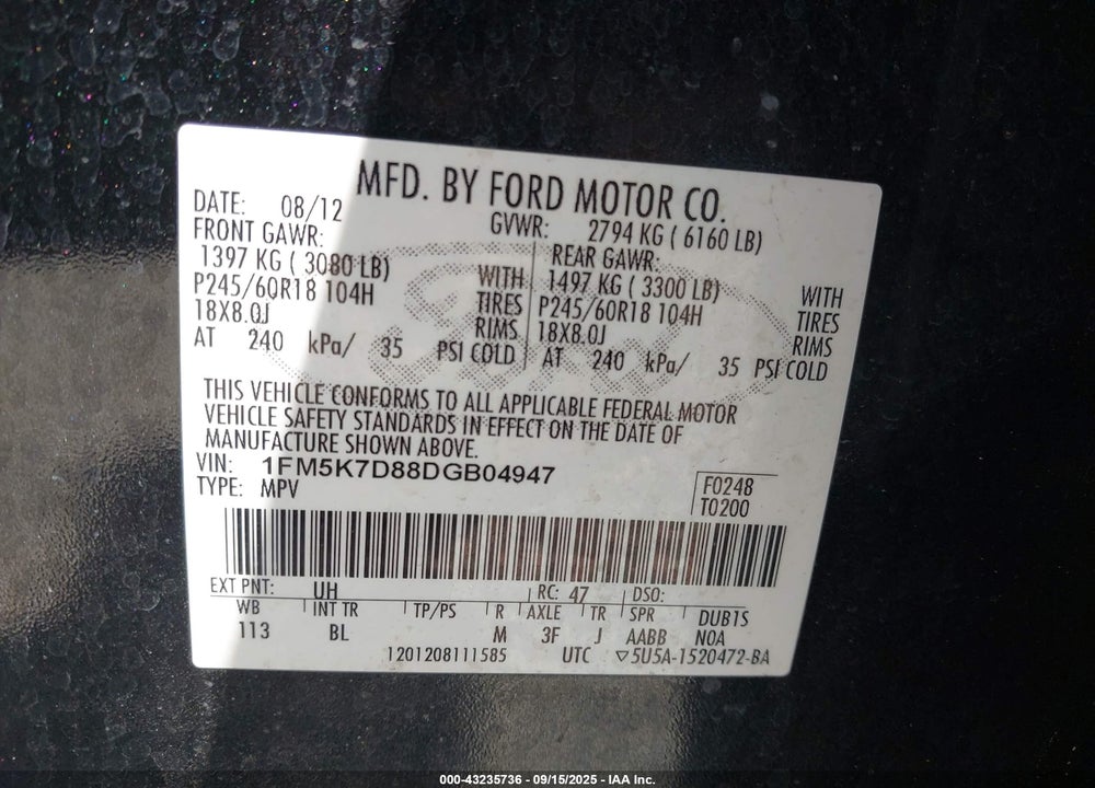 2013 FORD EXPLORER XLT VIN: 1FM5K7D88DGB04947