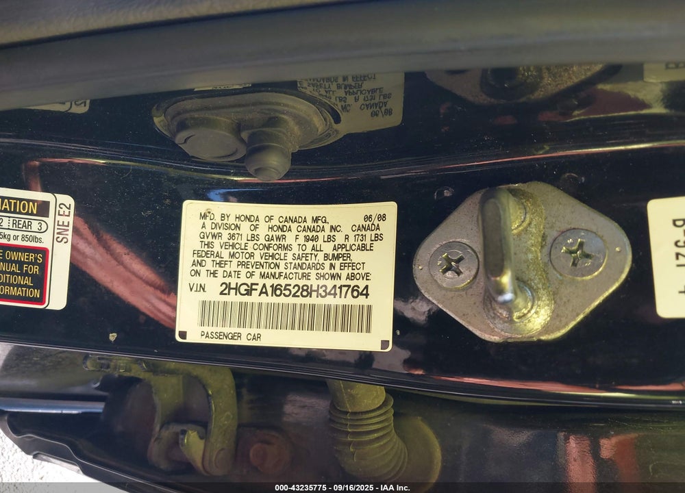 2008 HONDA CIVIC LX VIN: 2HGFA16528H341764