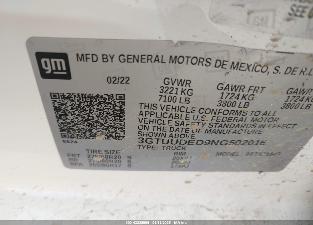 2022 GMC SIERRA 1500 4WD SHORT BOX SLT VIN: 3GTUUDED9NG502016