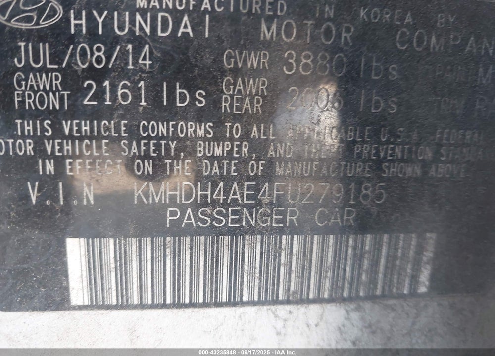 2015 HYUNDAI ELANTRA SE VIN: KMHDH4AE4FU279185