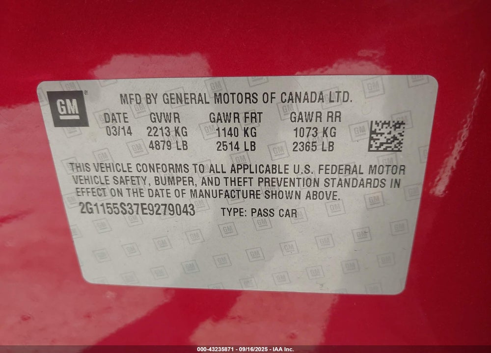 2014 CHEVROLET IMPALA VIN: 2G1155S37E9279043