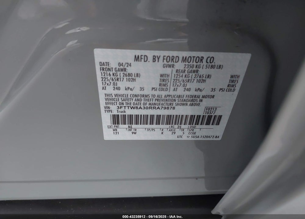 2024 FORD MAVERICK VIN: 3FTTW8A30RRA79878