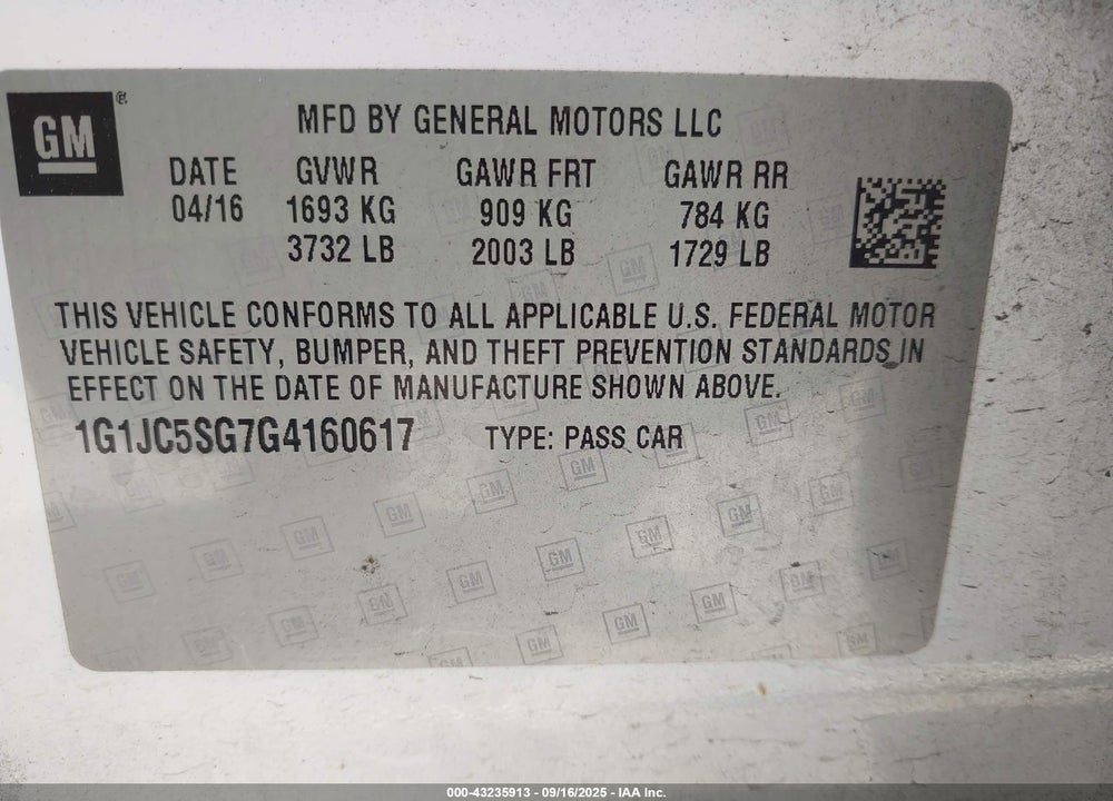 2016 CHEVROLET SONIC VIN: 1G1JC5SG7G4160617