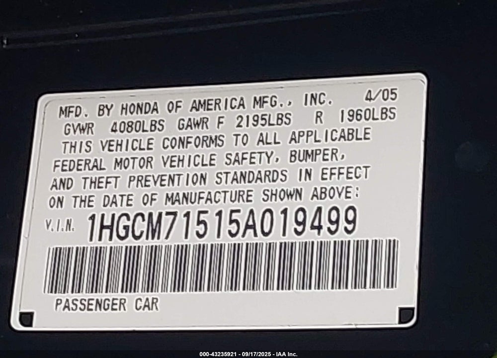 2005 HONDA ACCORD 2.4 LX SPECIAL EDITION VIN: 1HGCM71515A019499