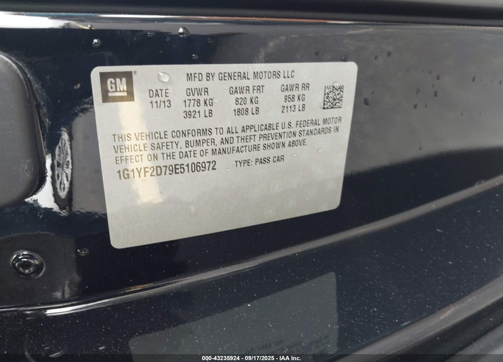 2014 CHEVROLET CORVETTE STINGRAY VIN: 1G1YF2D79E5106972