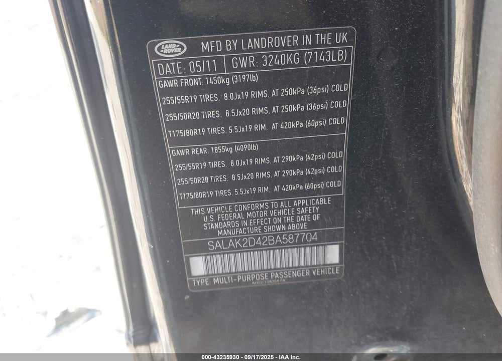 2011 LAND ROVER LR4 VIN: SALAK2D42BA587704