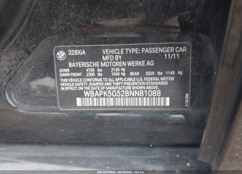 2011 BMW 3 SERIES VIN: WBAPK5G52BNN81088