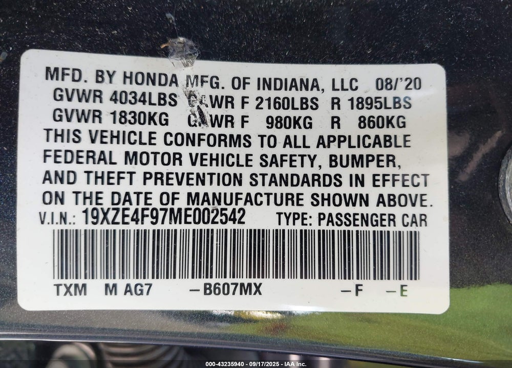 2021 HONDA INSIGHT VIN: 19XZE4F97ME002542