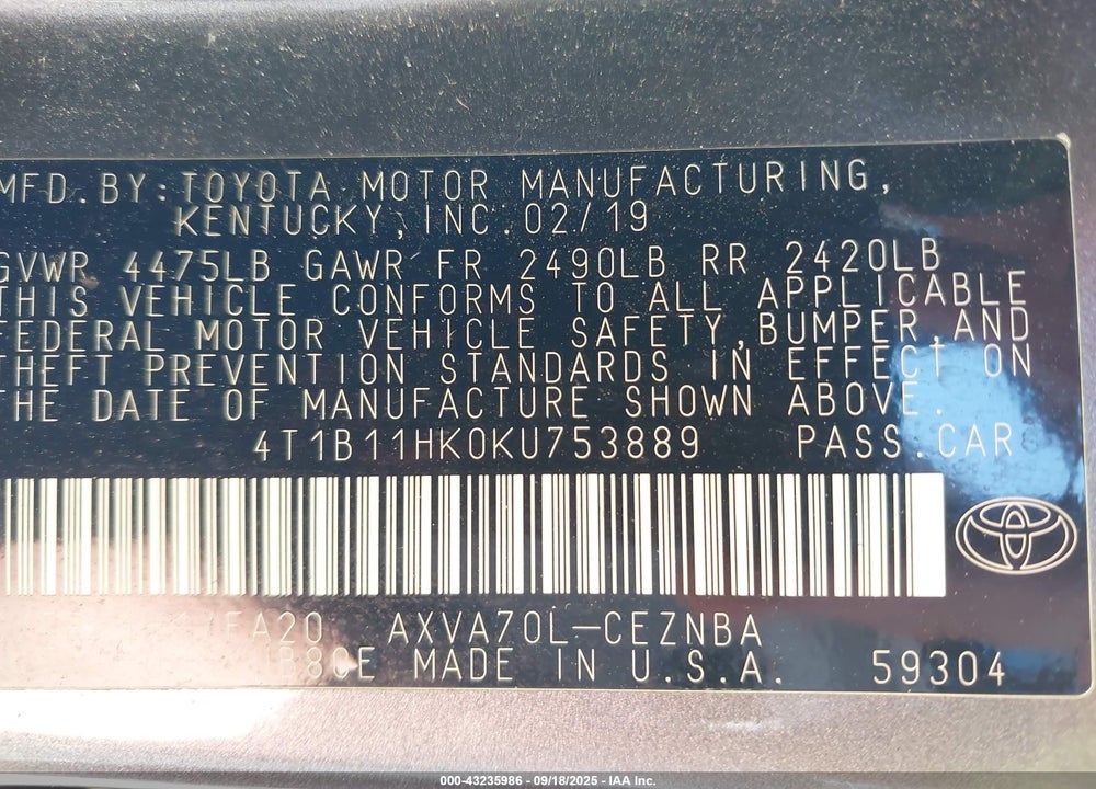 2019 TOYOTA CAMRY VIN: 4T1B11HK0KU753889