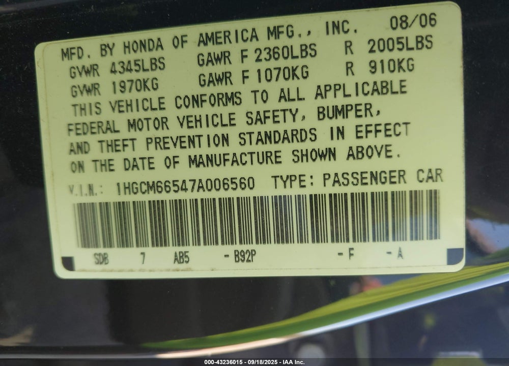 2007 HONDA ACCORD 3.0 EX VIN: 1HGCM66547A006560