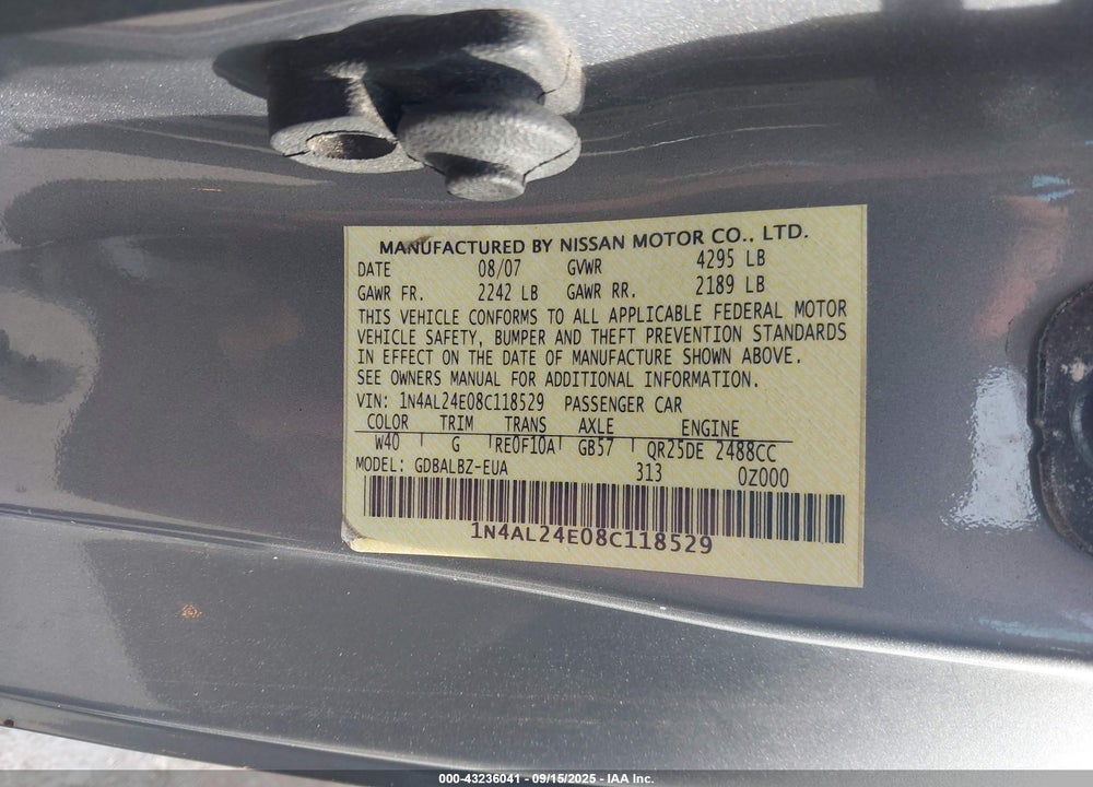 2008 NISSAN ALTIMA 2.5 S VIN: 1N4AL24E08C118529