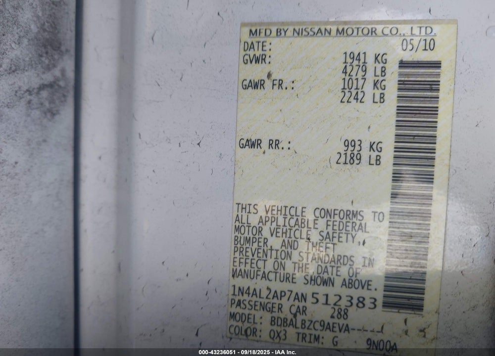2010 NISSAN ALTIMA VIN: 1N4AL2AP7AN512383