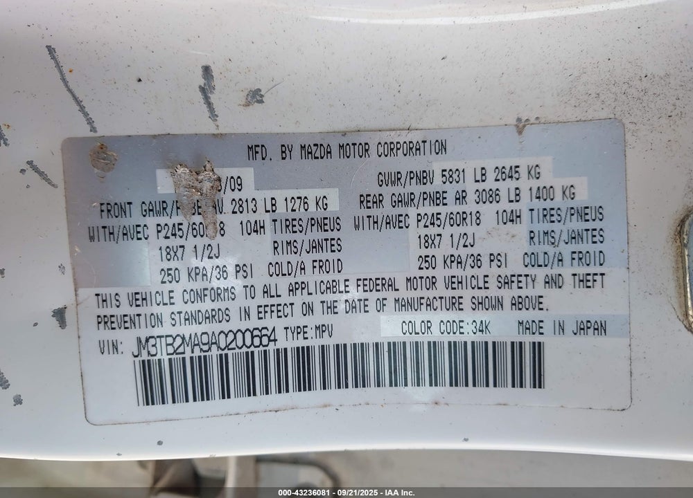 2010 MAZDA CX-9 TOURING VIN: JM3TB2MA9A0200664