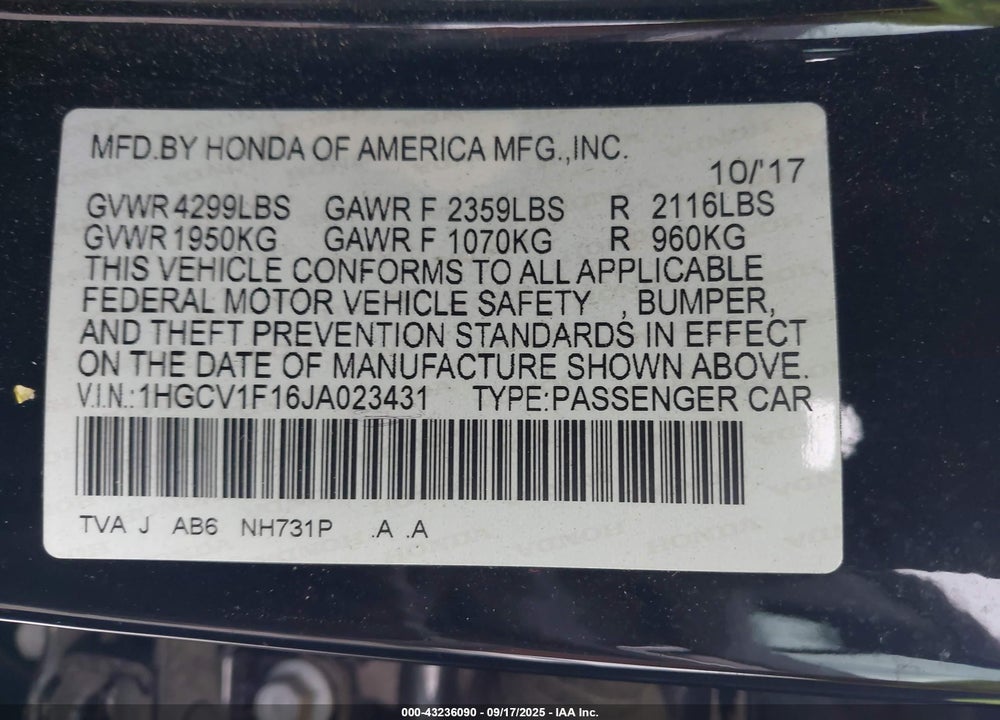 2018 HONDA ACCORD VIN: 1HGCV1F16JA023431