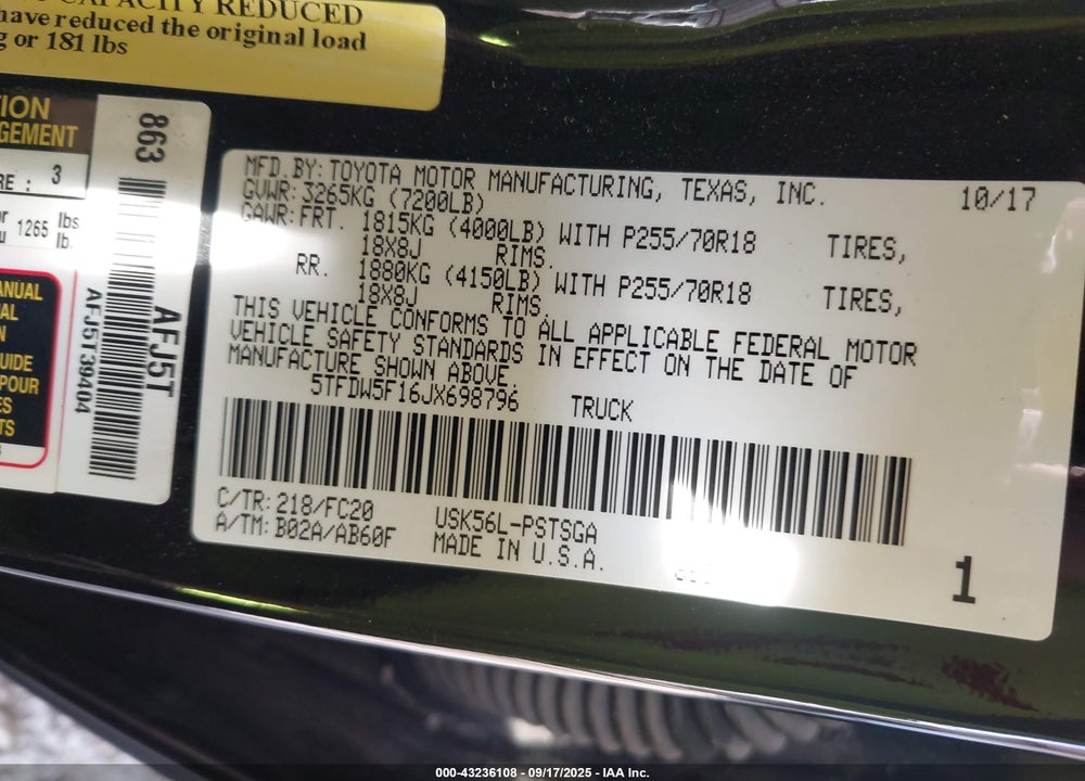 2018 TOYOTA TUNDRA SR5 5.7L V8 VIN: 5TFDW5F16JX698796