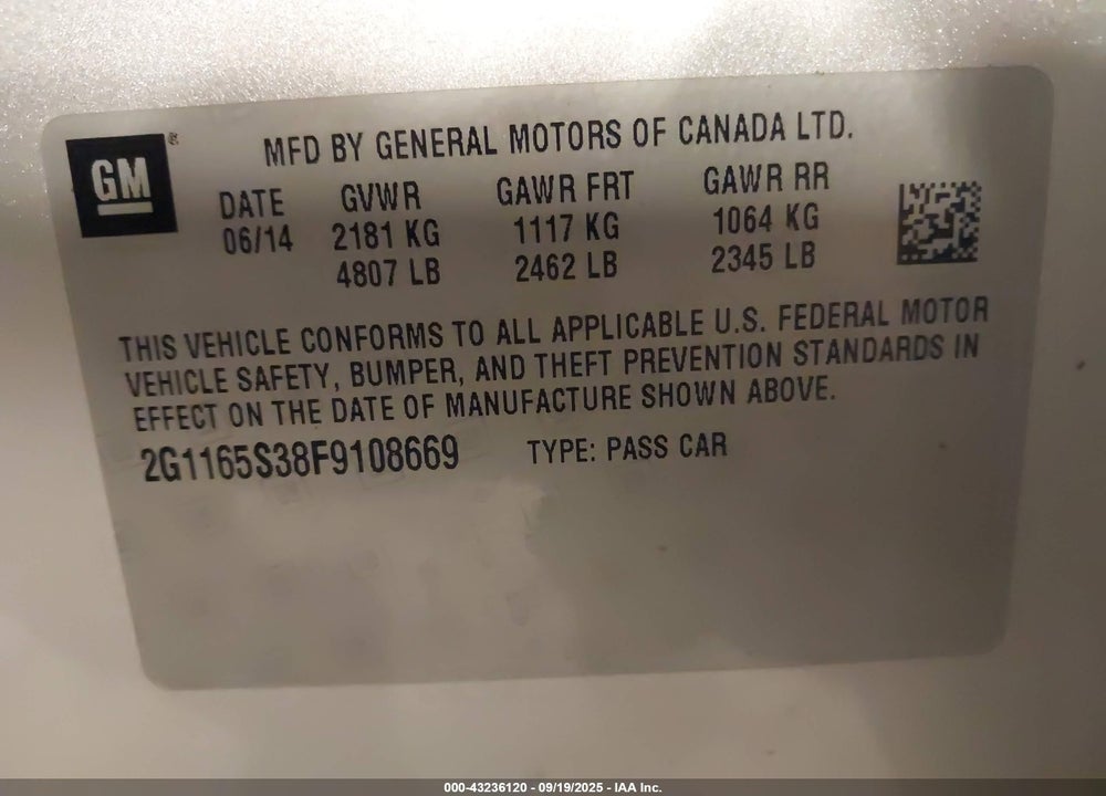 2015 CHEVROLET IMPALA VIN: 2G1165S38F9108669