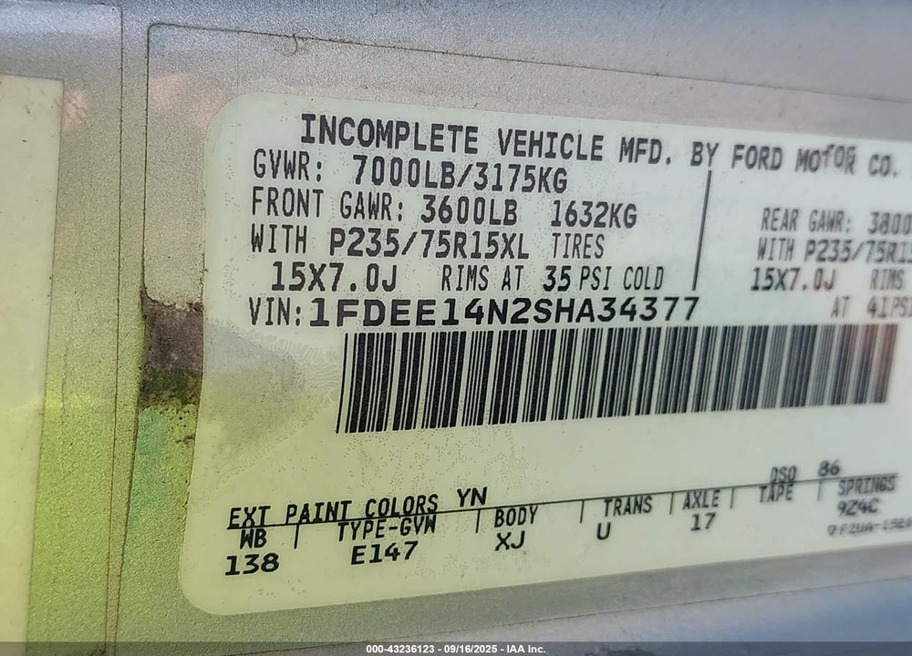 1995 FORD ECONOLINE E150 VAN VIN: 1FDEE14N2SHA34377