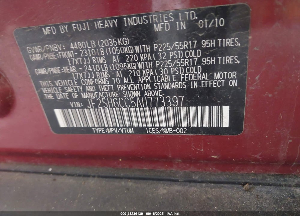 2010 SUBARU FORESTER VIN: JF2SH6CC5AH773397