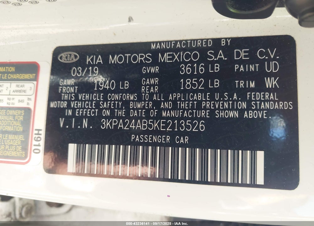 2019 KIA RIO S VIN: 3KPA24AB5KE213526