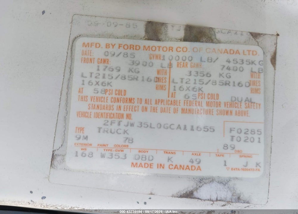 1986 FORD F350 VIN: 2FTJW35L0GCA11655