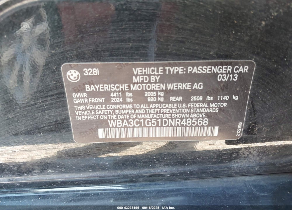 2013 BMW 3 SERIES VIN: WBA3C1G51DNR48568