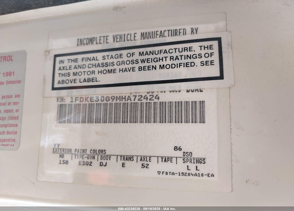 1991 FORD ECONOLINE E350 CUTAWAY VAN VIN: 1FDKE30G9MHA72424