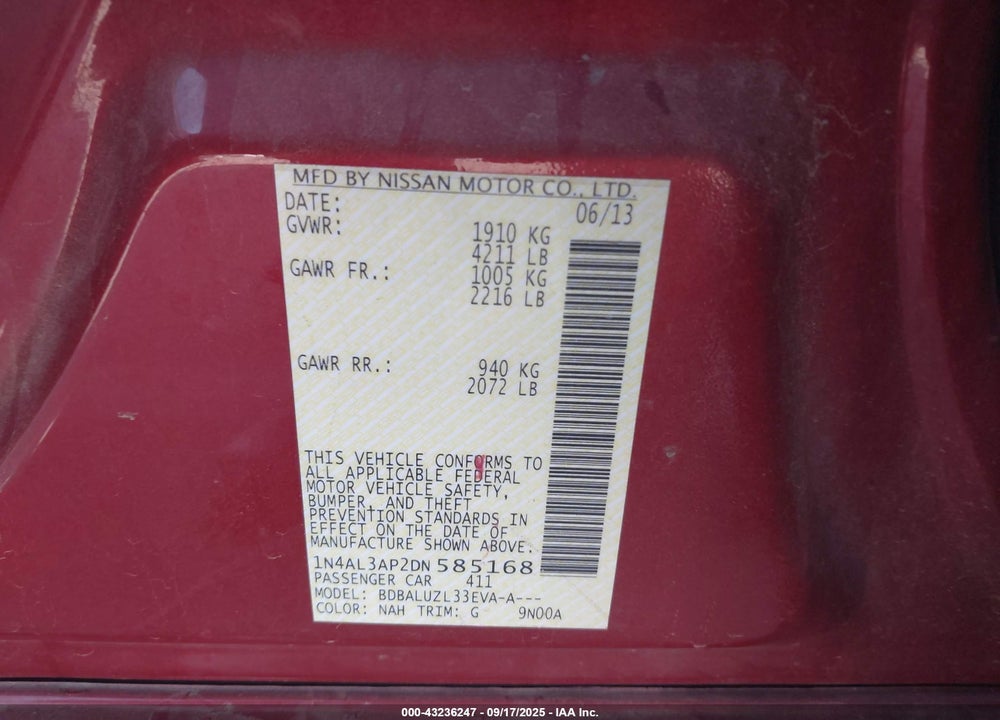2013 NISSAN ALTIMA 2.5 SV VIN: 1N4AL3AP2DN585168