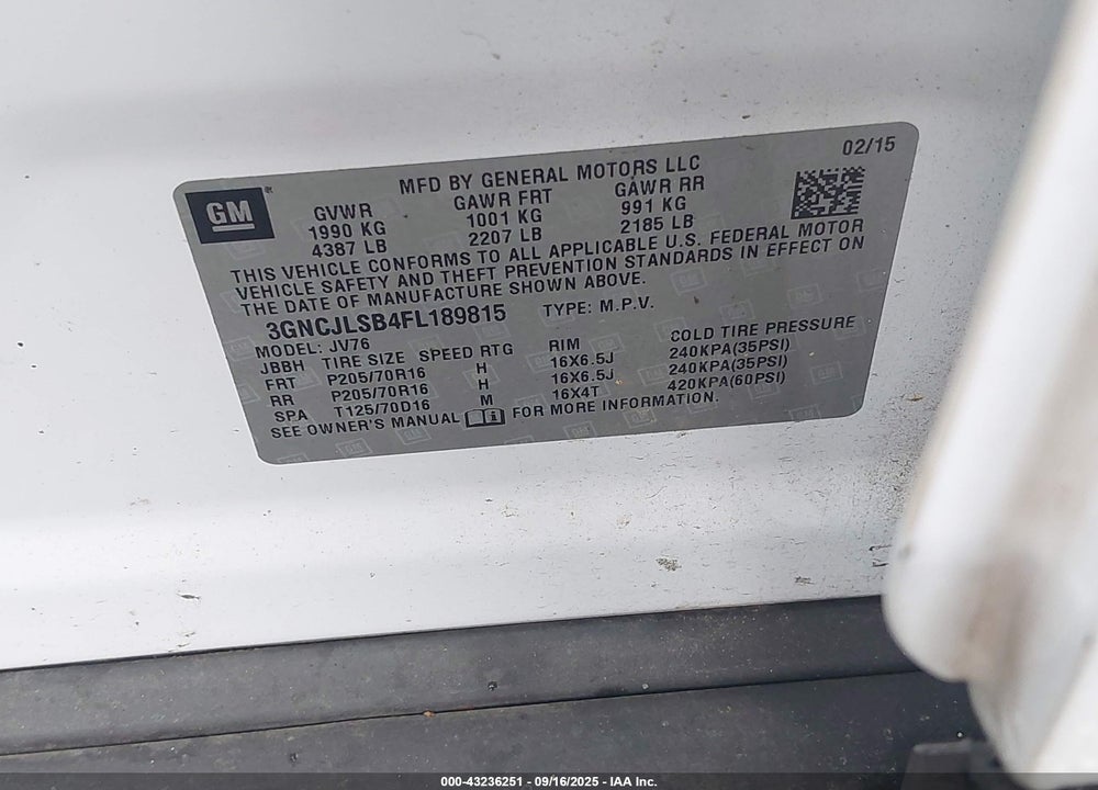2015 CHEVROLET TRAX LT VIN: 3GNCJLSB4FL189815